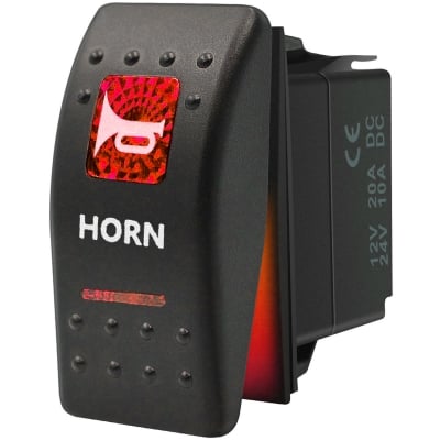 Копче, Бутон, За Вграждане, За Тромба, Клаксон, 12V - 24V, Надпис "HORN", Червена Светлина, Моментен, Самовъзвратен