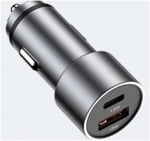 Универсално USB Зарядно За Автомобил, 2x18W, 3 A, Метален Корпус, 12V - 24V,  Сребрист Цвят, Подсветка Синя LED Светлина, USB + Type C, Бързо Зареждане 